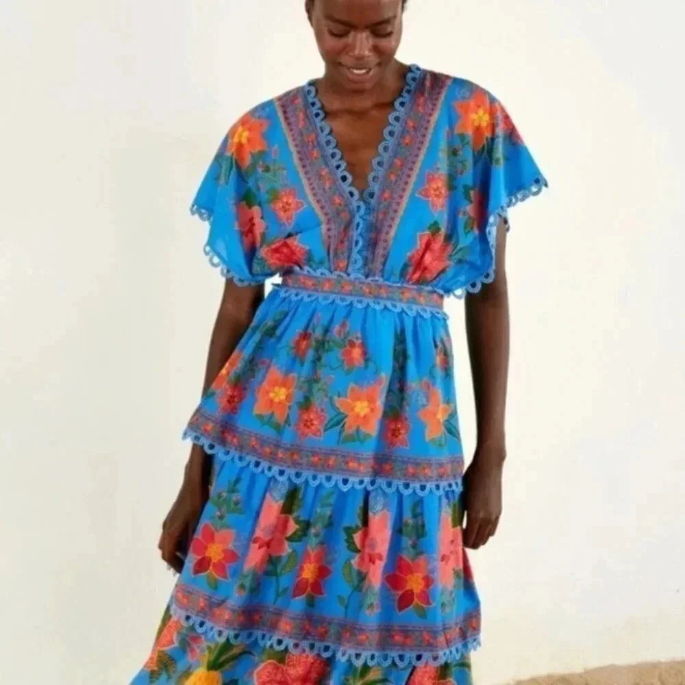 NWT Farm Rio Tropical Tapestry Blue Lace Layered Midi Summer Dress Size XS